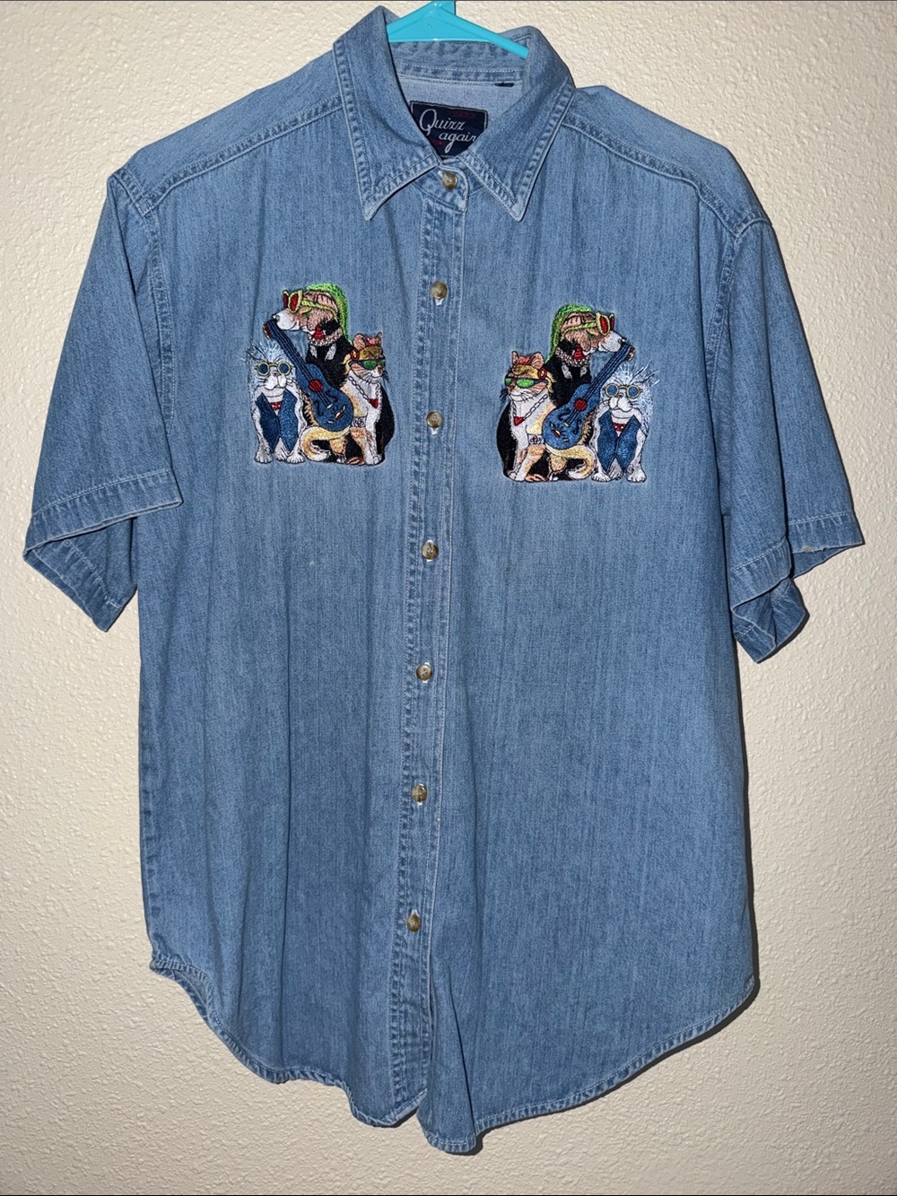 Vintage Quizz Again Denim Button-Up Shirt Embroidered Cats & Dogs Rock Band